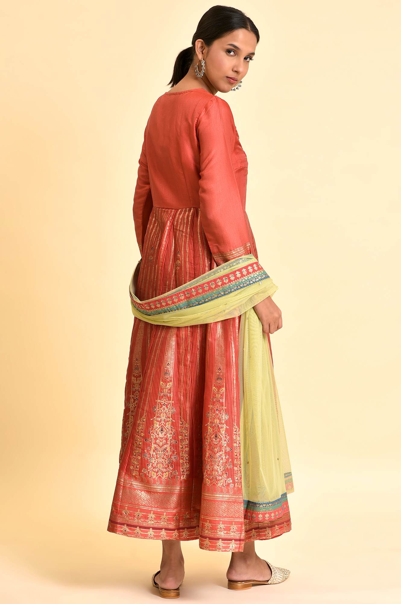 Orange Tamil Silk Embellished Dress &amp; Dupatta Set