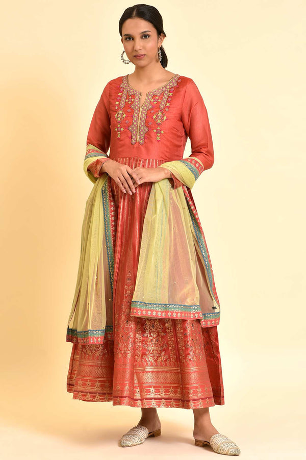 Orange Tamil Silk Embellished Dress & Dupatta Set