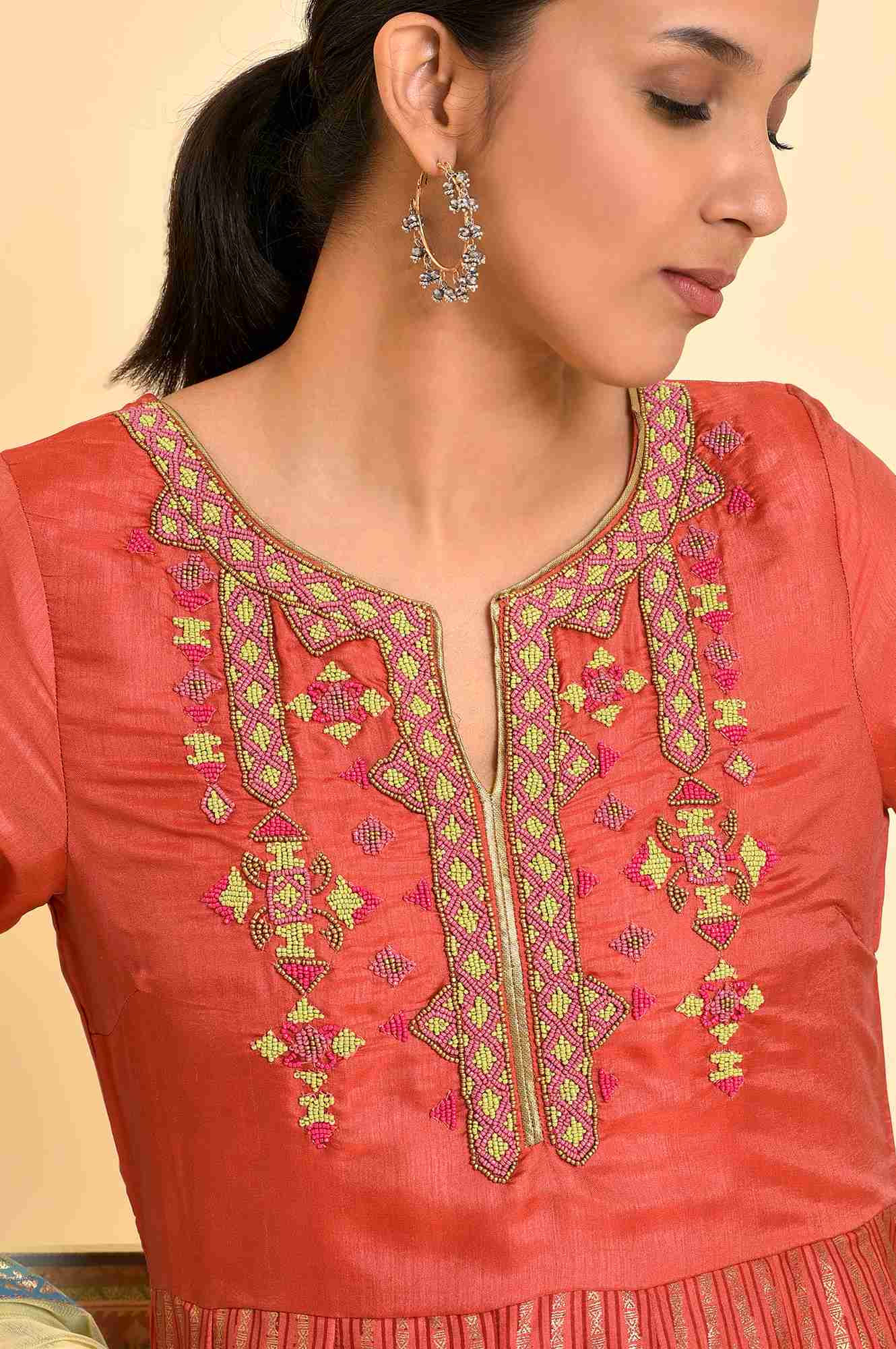 Orange Tamil Silk Embellished Dress &amp; Dupatta Set