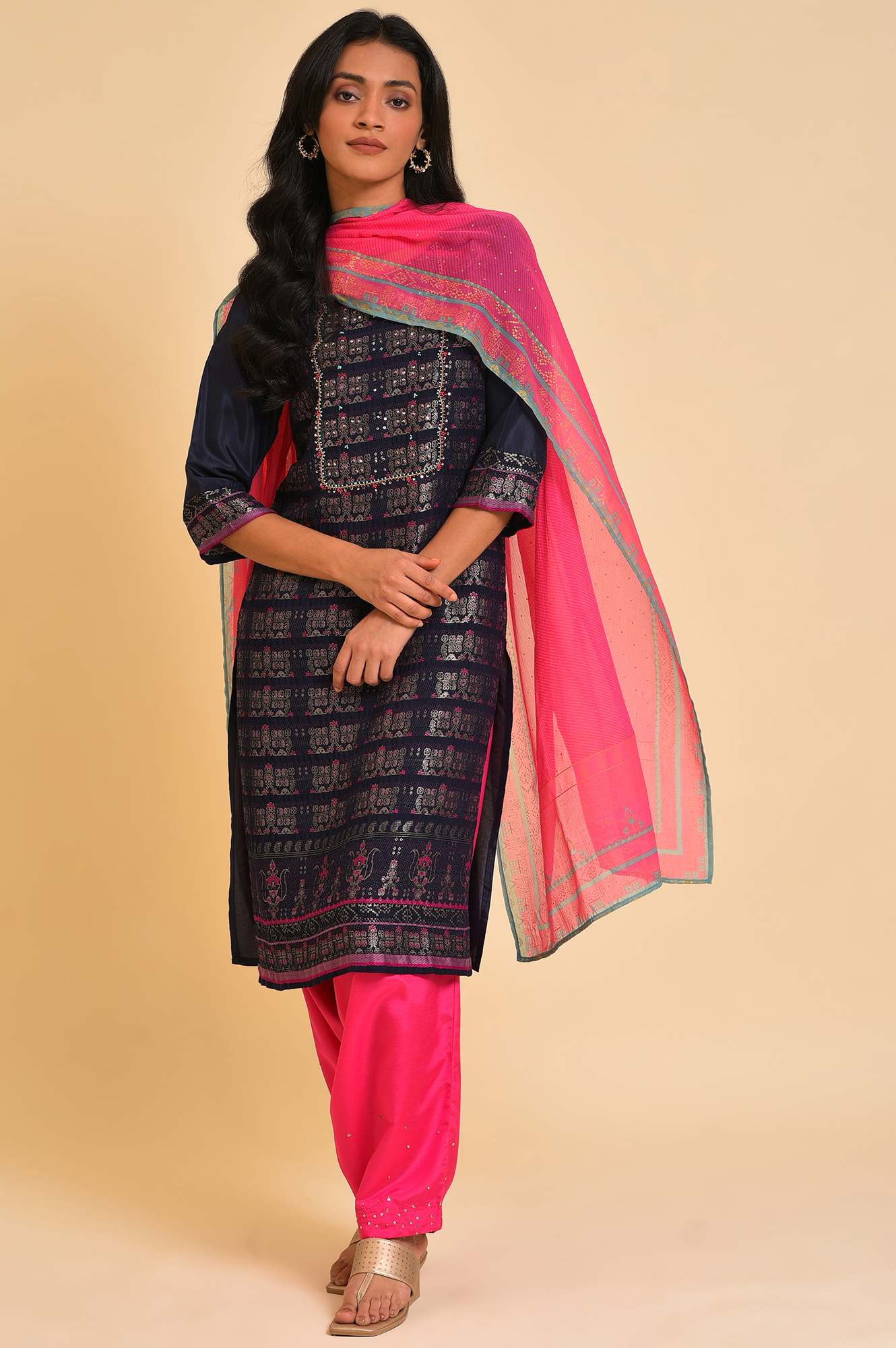 Navy Blue Festive kurta, Embroidered Salwar &amp; Dupatta