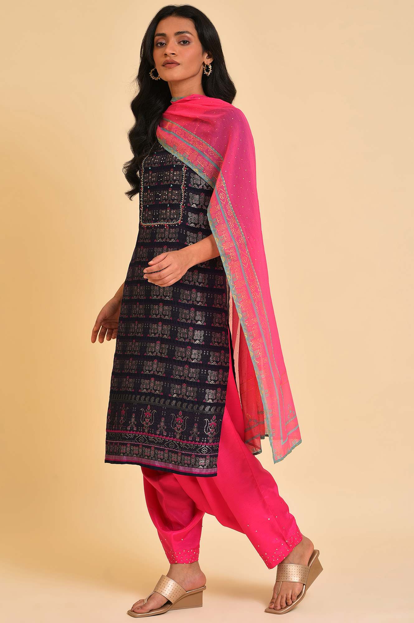 Navy Blue Festive kurta, Embroidered Salwar &amp; Dupatta