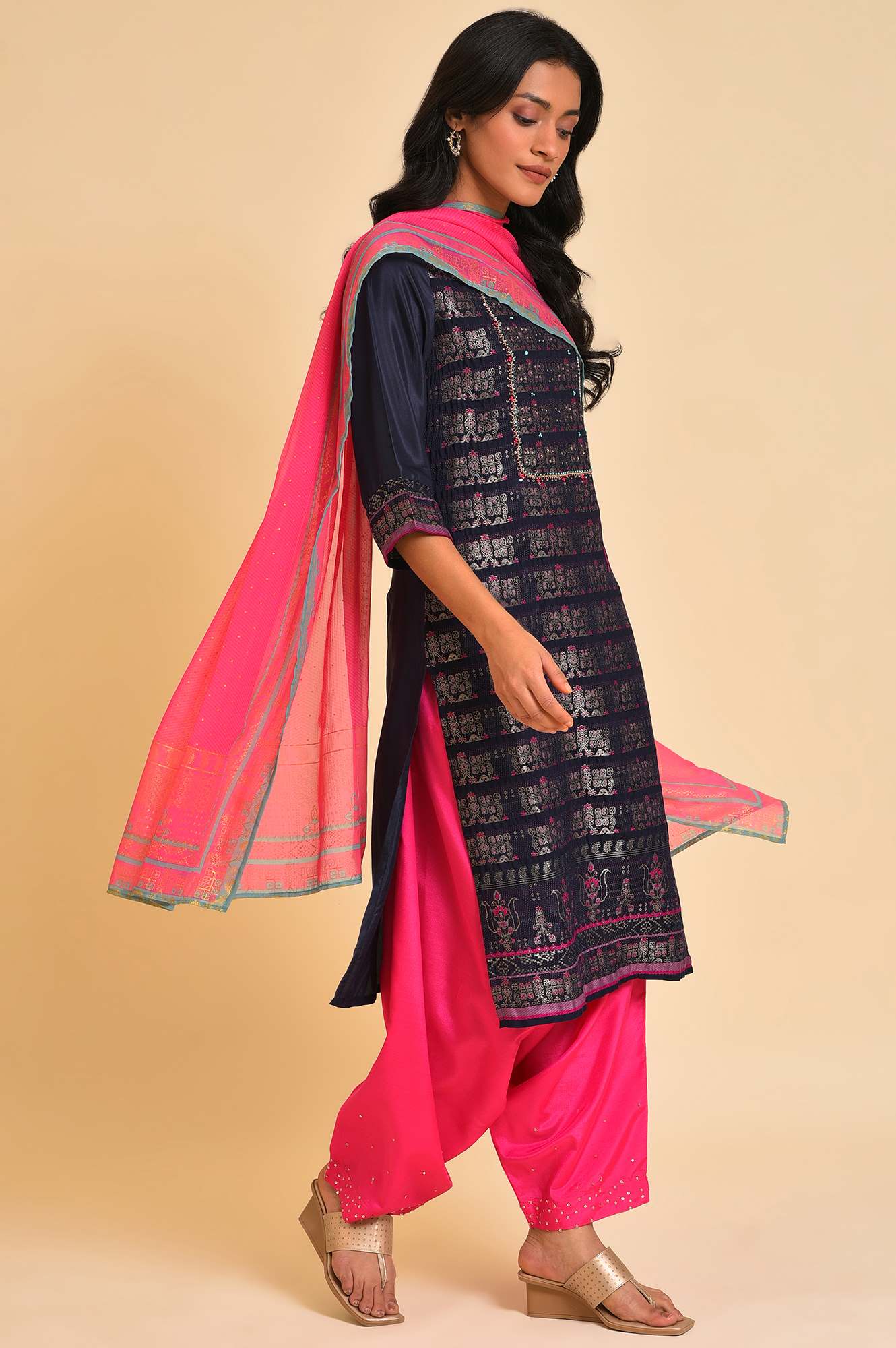 Navy Blue Festive kurta, Embroidered Salwar &amp; Dupatta