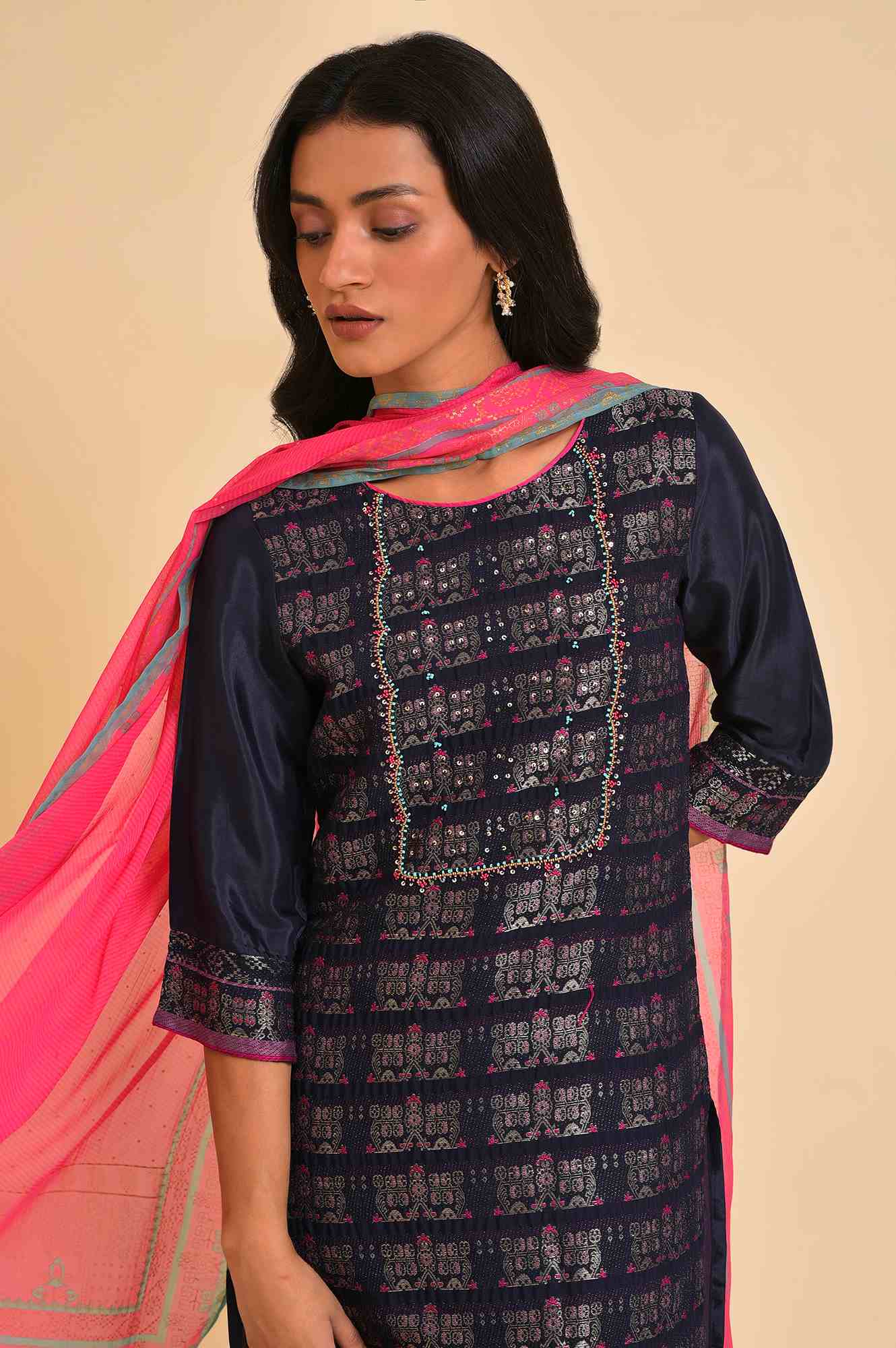 Navy Blue Festive kurta, Embroidered Salwar &amp; Dupatta