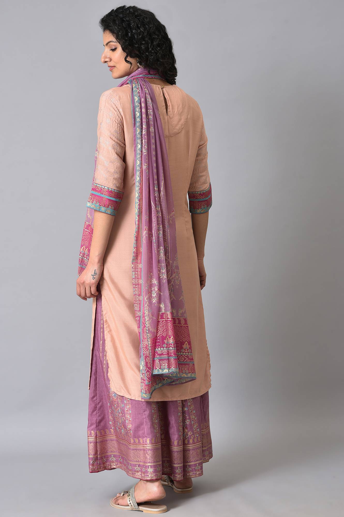 Peach Embroidered kurta With Sharara Set