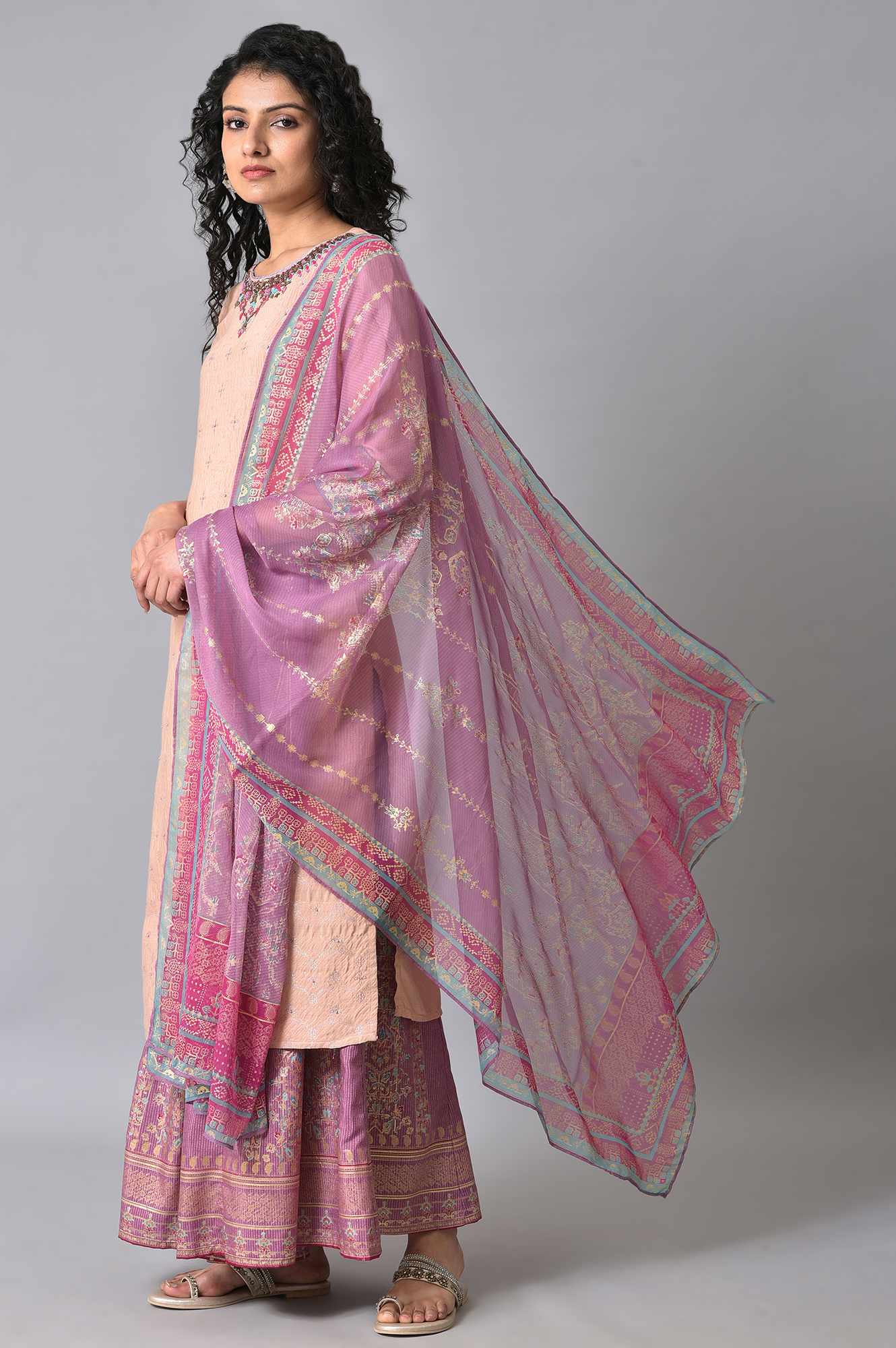 Peach Embroidered kurta With Sharara Set