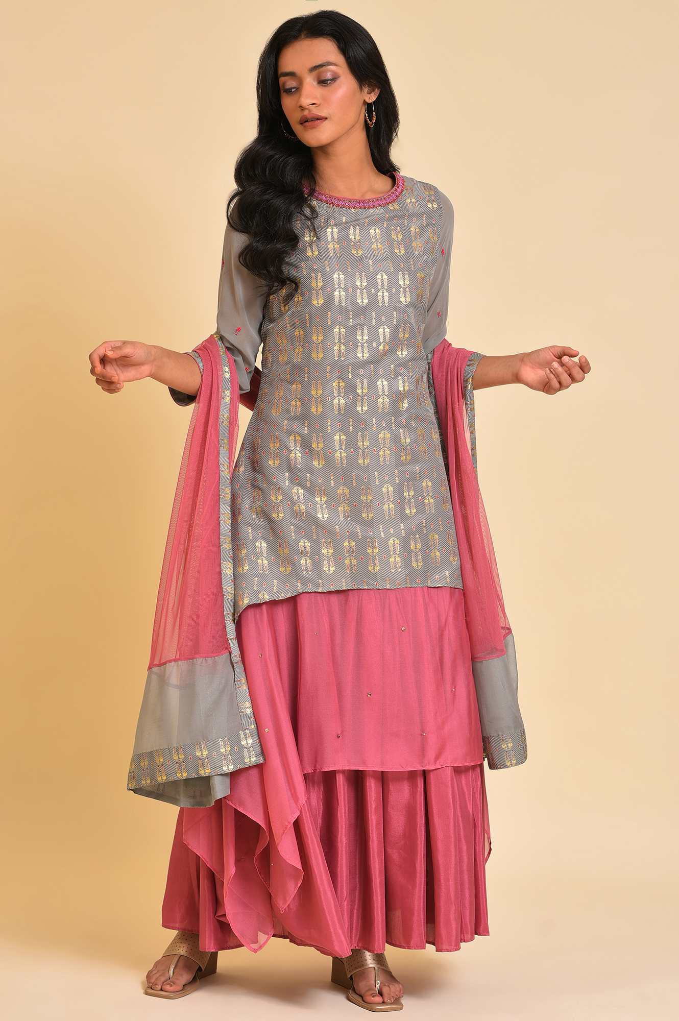 Grey And Pink Layered Asymmetric Dress &amp; Dupatta Set