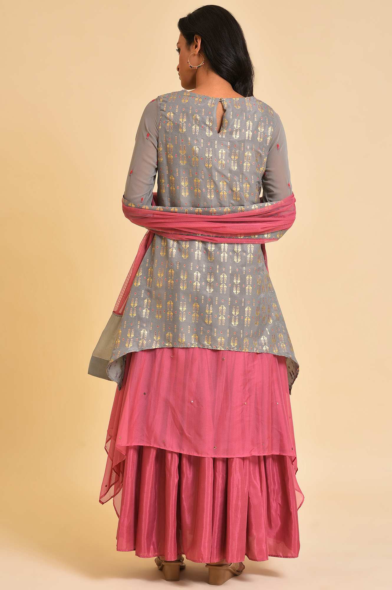 Grey And Pink Layered Asymmetric Dress &amp; Dupatta Set