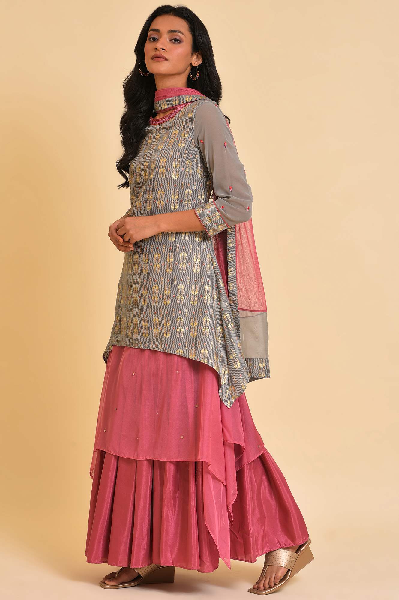 Grey And Pink Layered Asymmetric Dress &amp; Dupatta Set