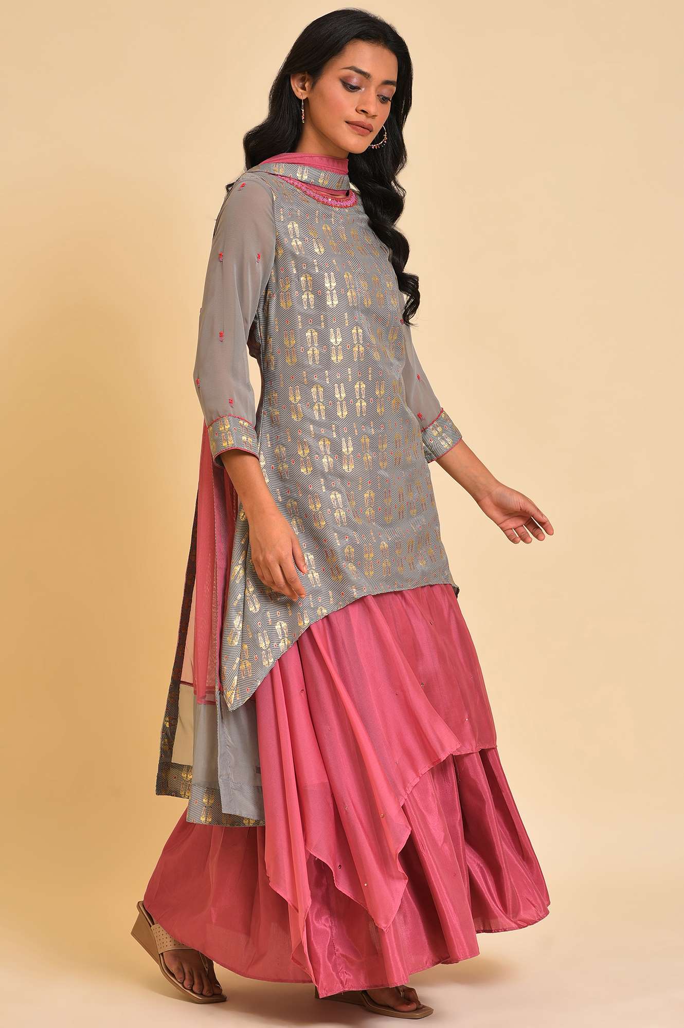 Grey And Pink Layered Asymmetric Dress &amp; Dupatta Set