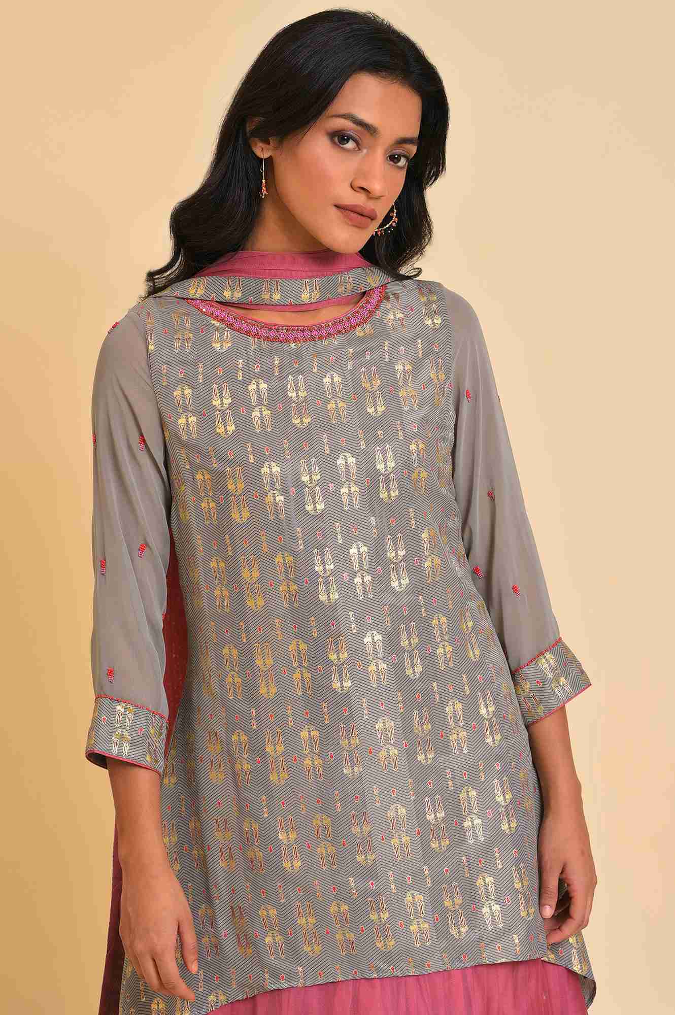 Grey And Pink Layered Asymmetric Dress &amp; Dupatta Set