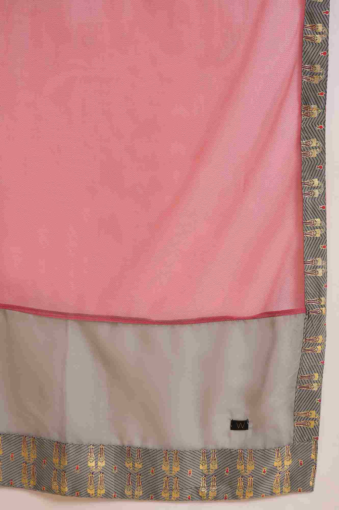 Grey And Pink Layered Asymmetric Dress &amp; Dupatta Set