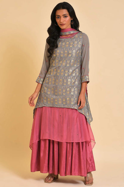 Grey And Pink Layered Asymmetric Dress &amp; Dupatta Set