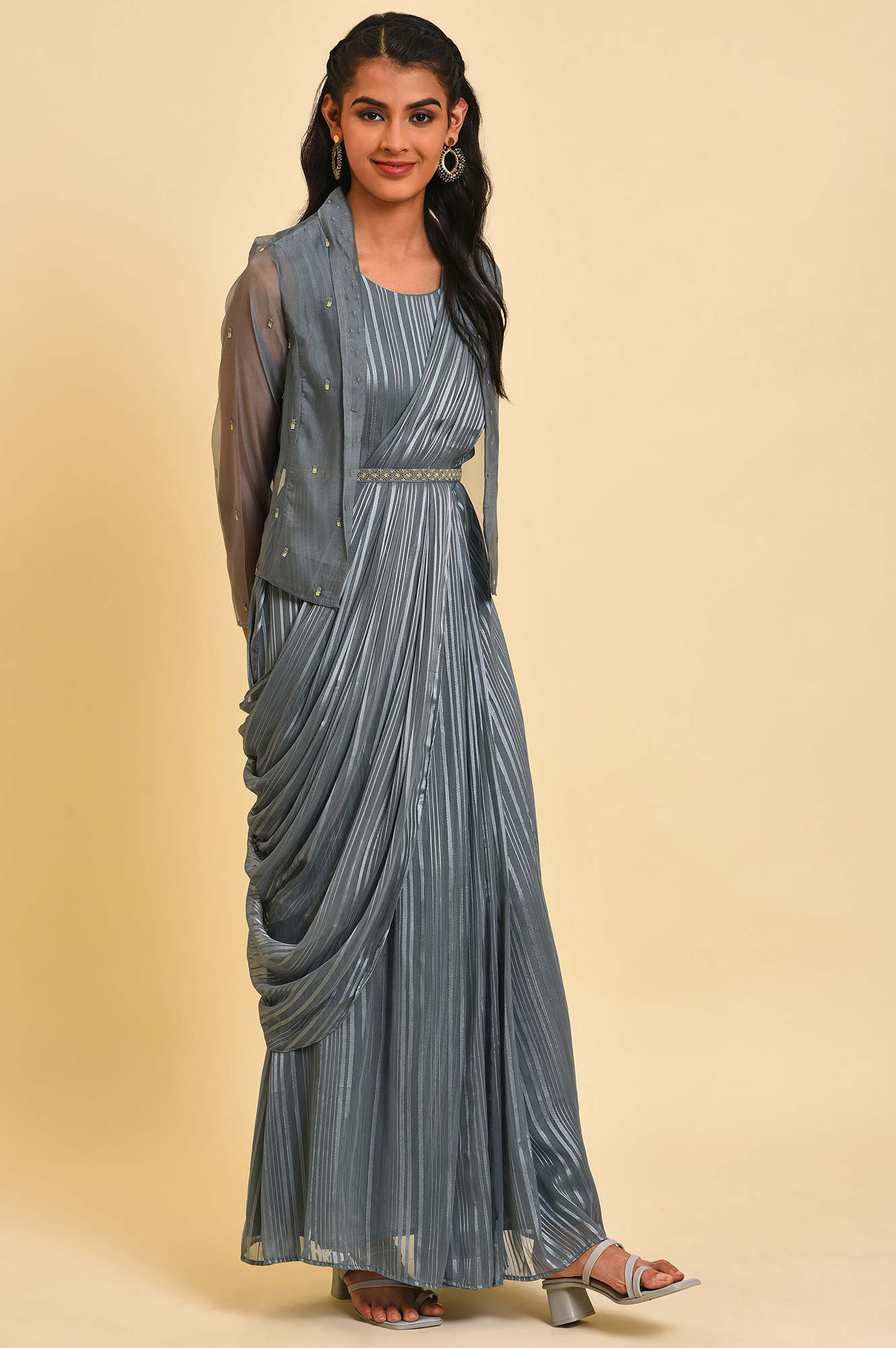 Grey Festive Predrape Saree With Short Jacket