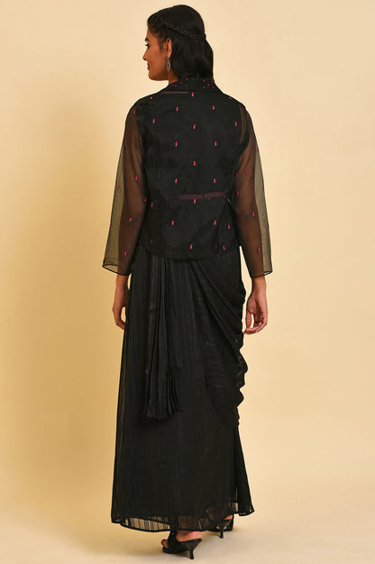 Black Festive Predrape Saree With Short Jacket