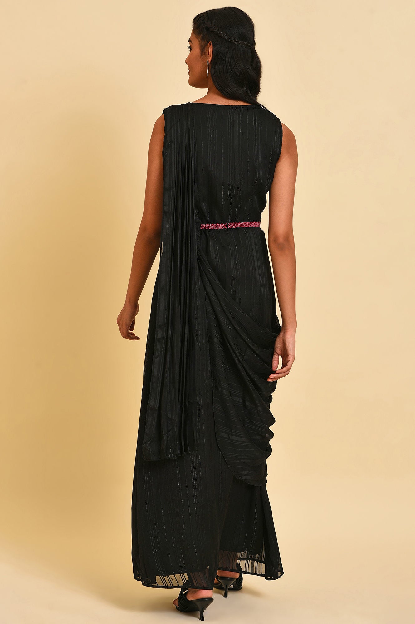 Black Festive Predrape Saree With Short Jacket