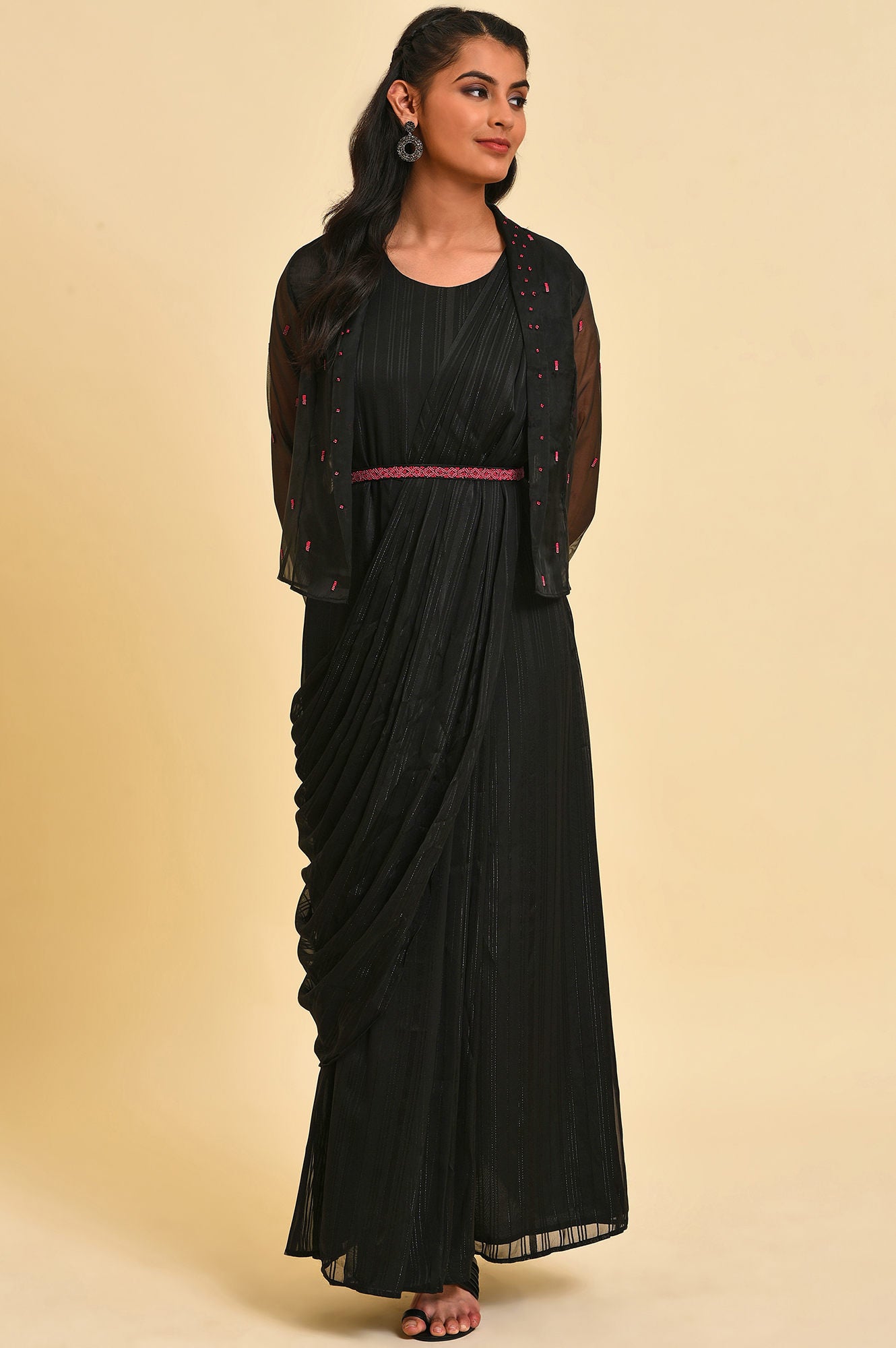 Black Festive Predrape Saree With Short Jacket