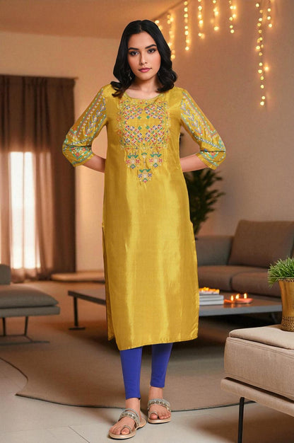 Lime Yellow Printed Long Dress &amp; Dupatta Set
