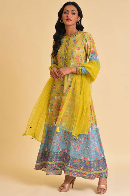 Lime Yellow Printed Long Dress &amp; Dupatta Set