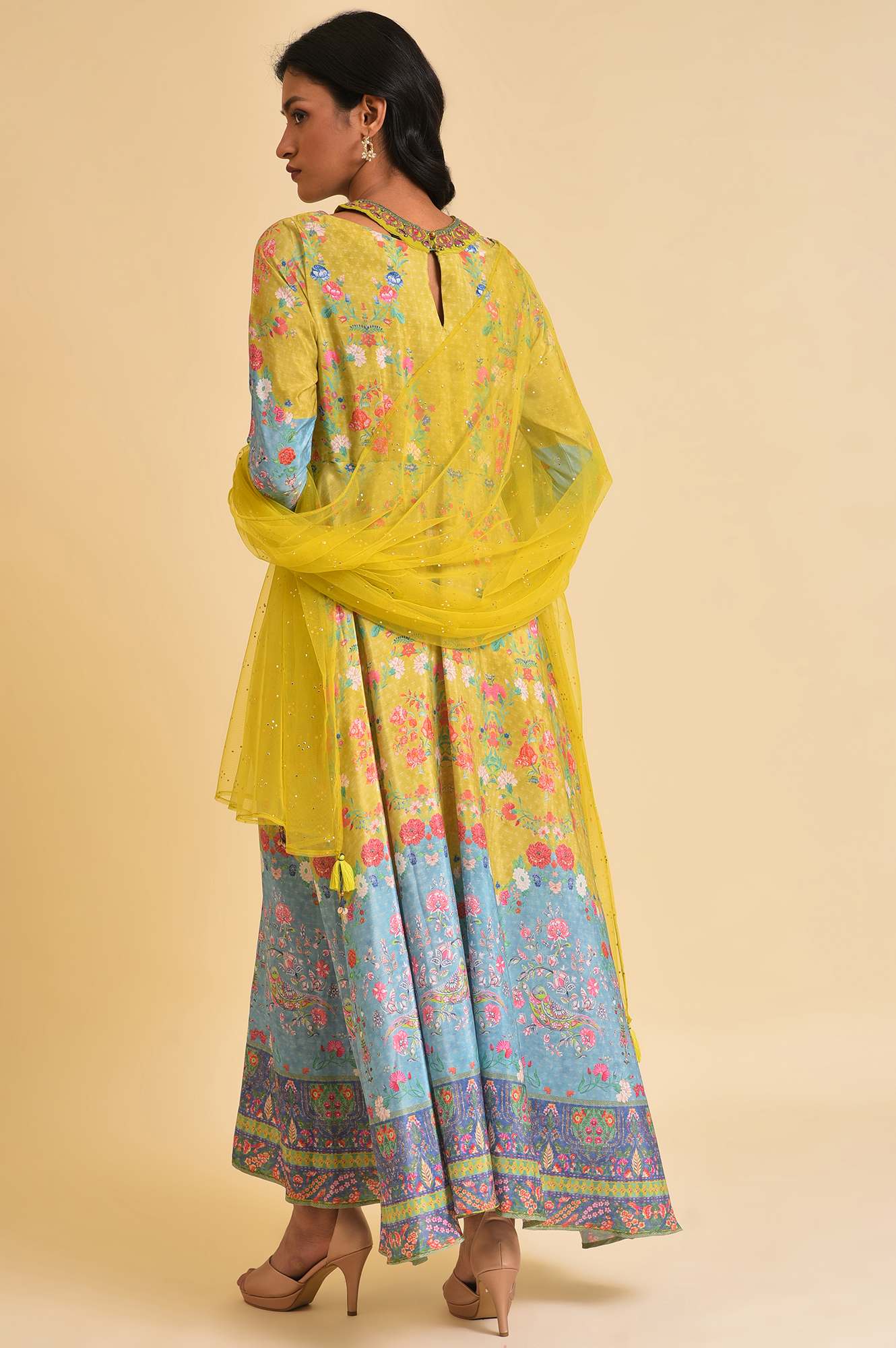 Lime Yellow Printed Long Dress &amp; Dupatta Set