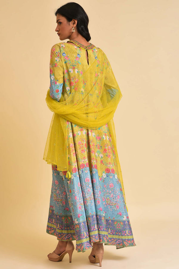 Lime Yellow Printed Long Dress & Dupatta Set