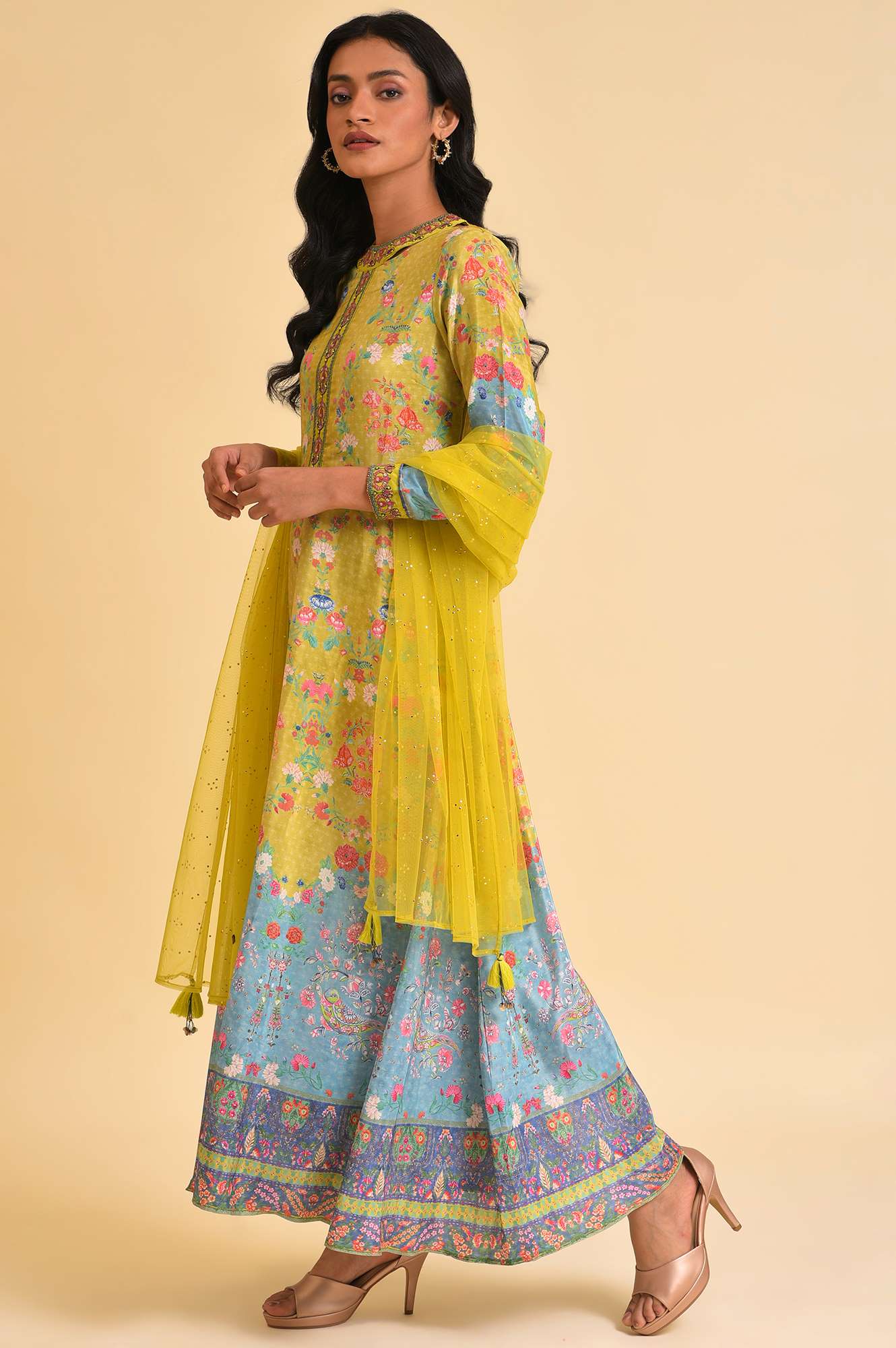 Lime Yellow Printed Long Dress &amp; Dupatta Set