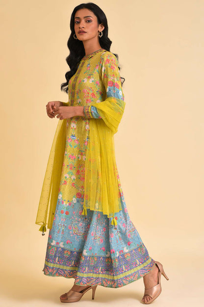 Lime Yellow Printed Long Dress &amp; Dupatta Set