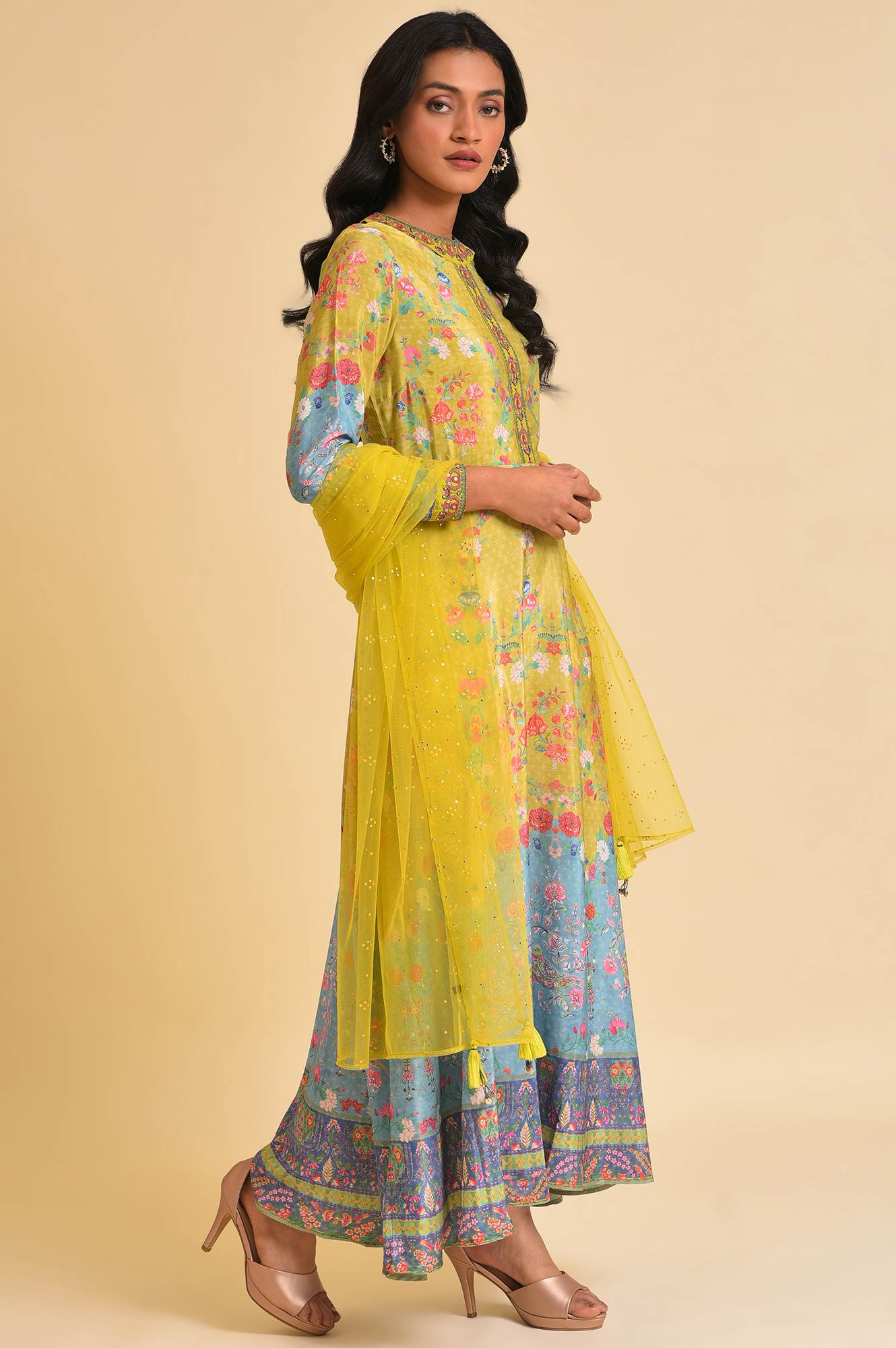 Lime Yellow Printed Long Dress &amp; Dupatta Set