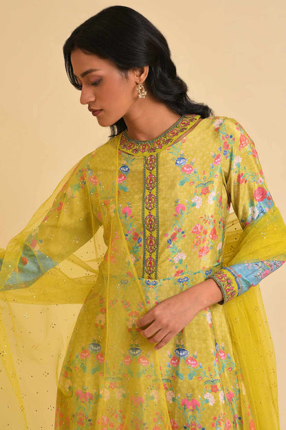 Lime Yellow Printed Long Dress &amp; Dupatta Set