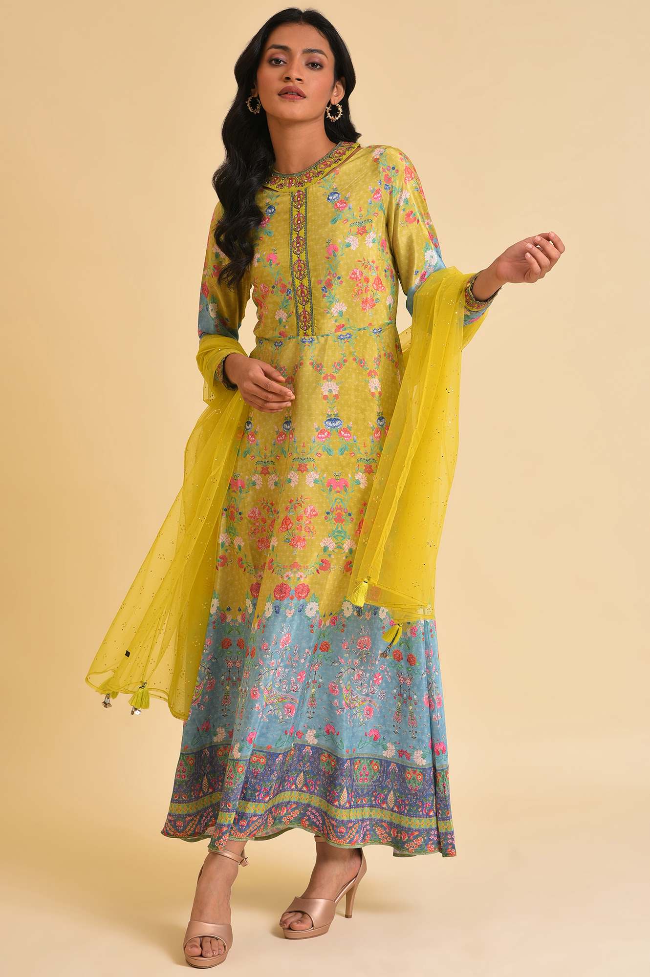 Lime Yellow Printed Long Dress &amp; Dupatta Set