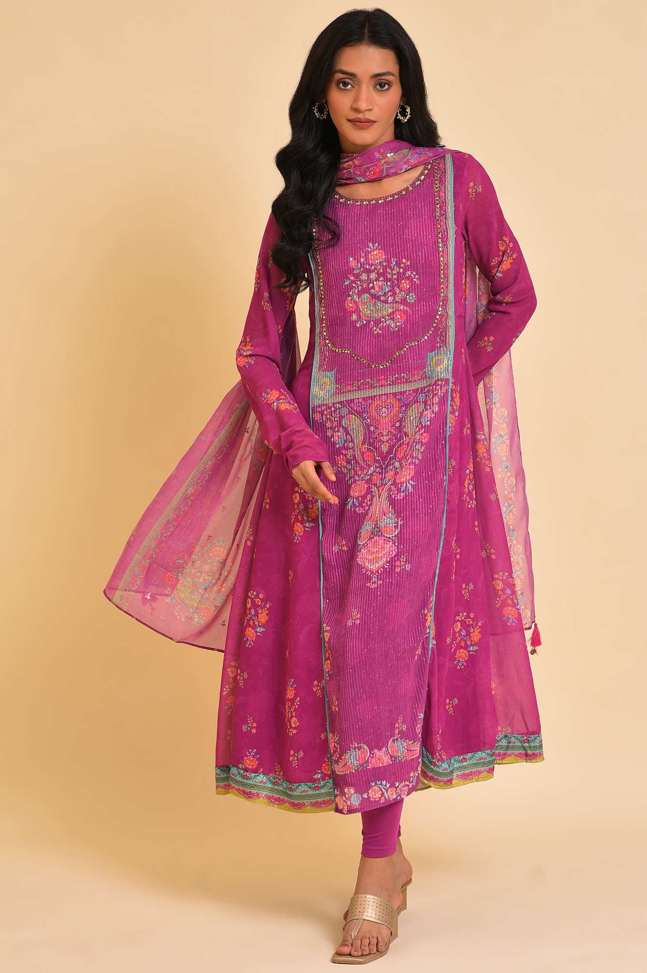 Dark Pink Sequined Anarkali kurta, Tights &amp; Dupatta Set