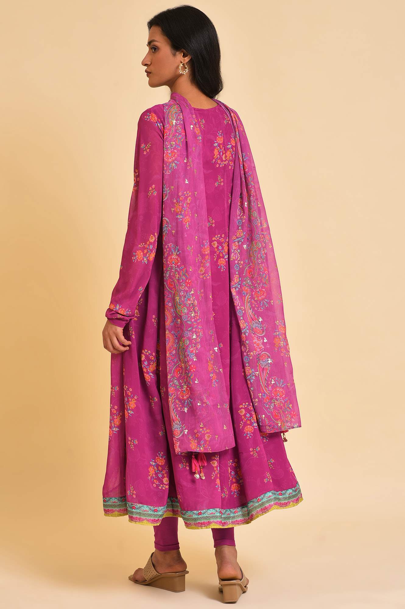 Dark Pink Sequined Anarkali kurta, Tights &amp; Dupatta Set