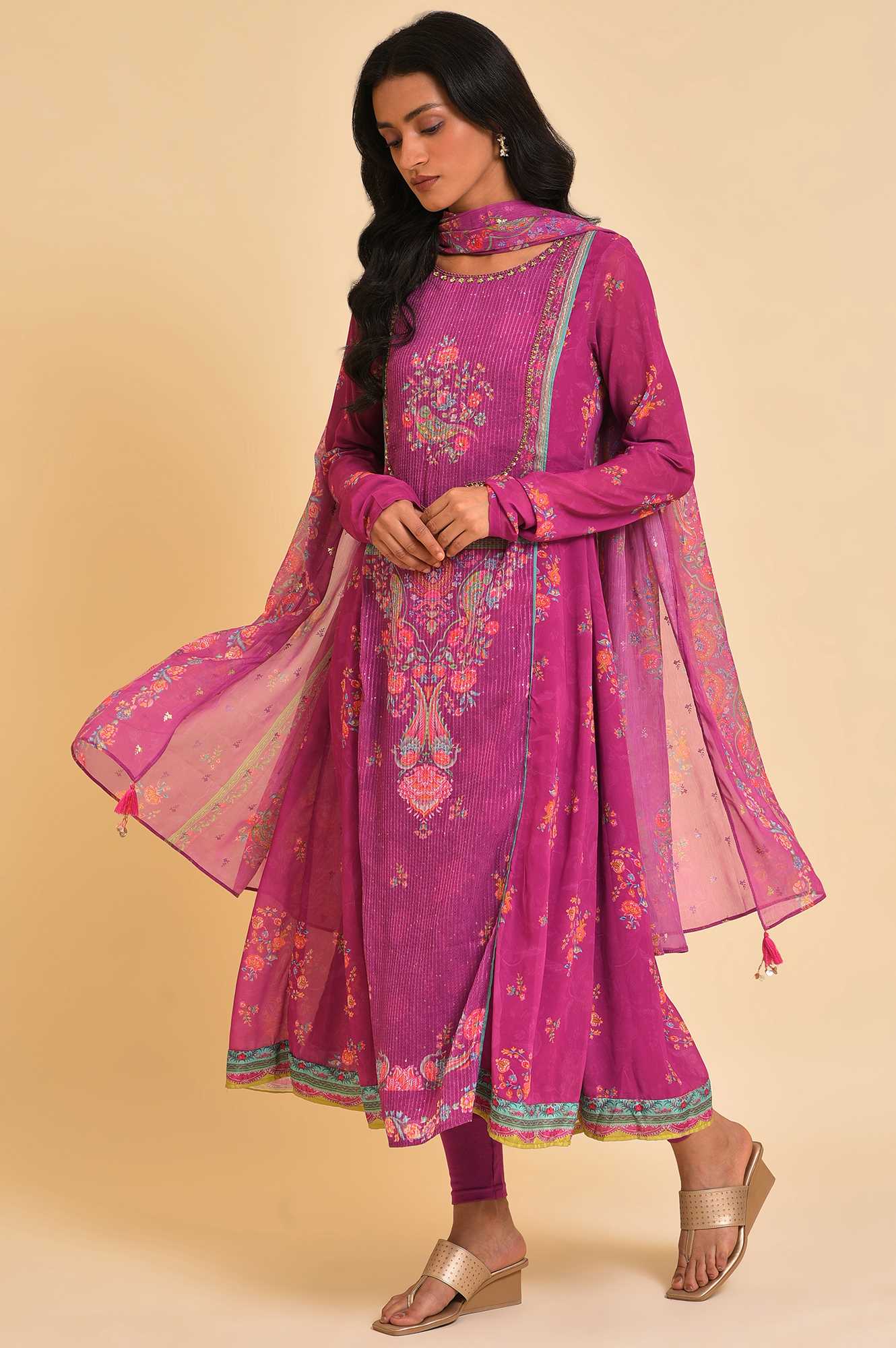 Dark Pink Sequined Anarkali kurta, Tights &amp; Dupatta Set