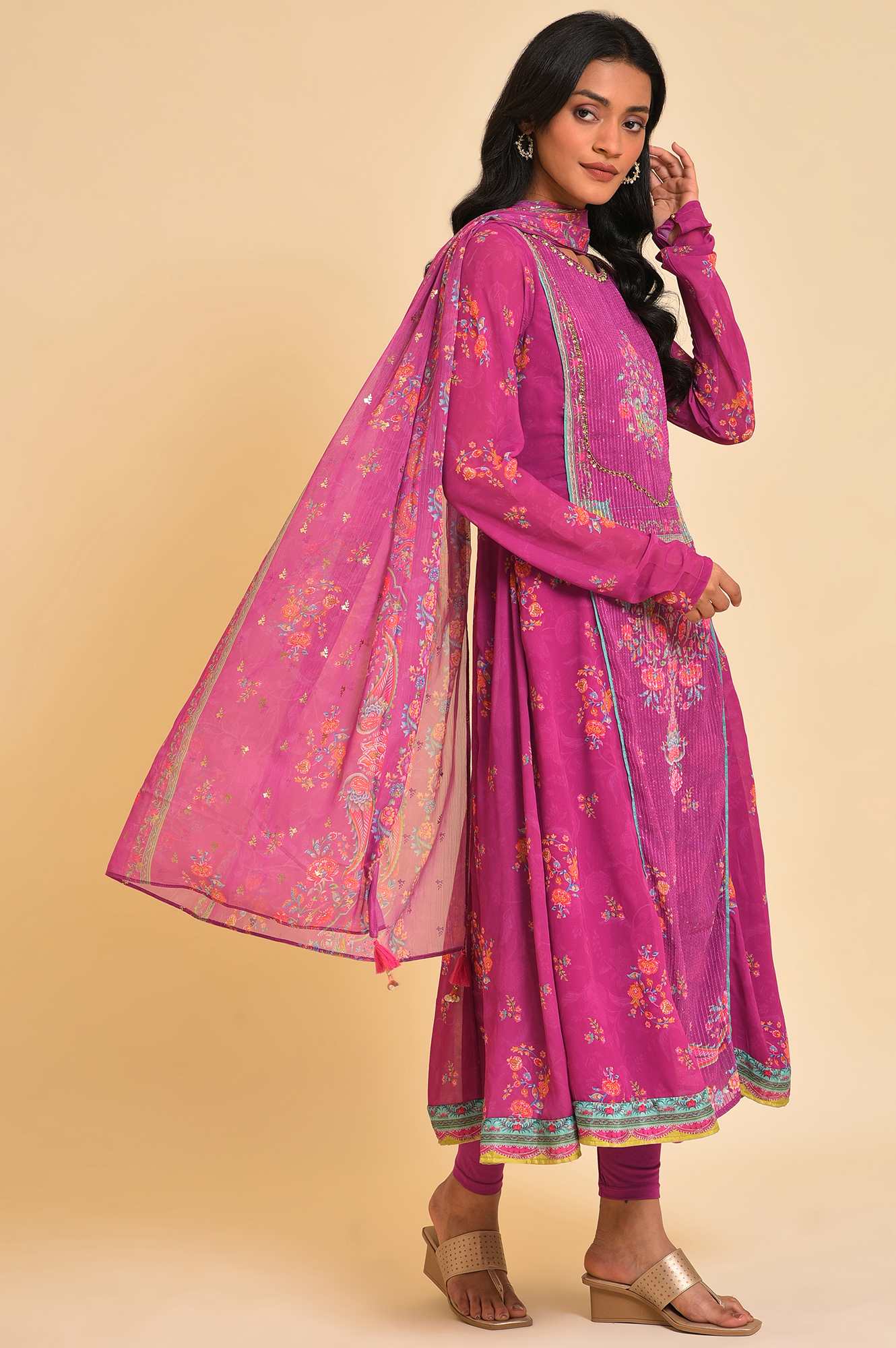 Dark Pink Sequined Anarkali kurta, Tights &amp; Dupatta Set