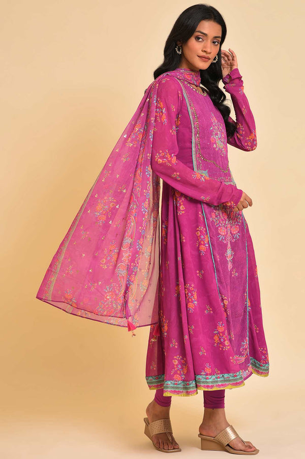 Dark Pink Sequined Anarkali kurta, Tights & Dupatta Set