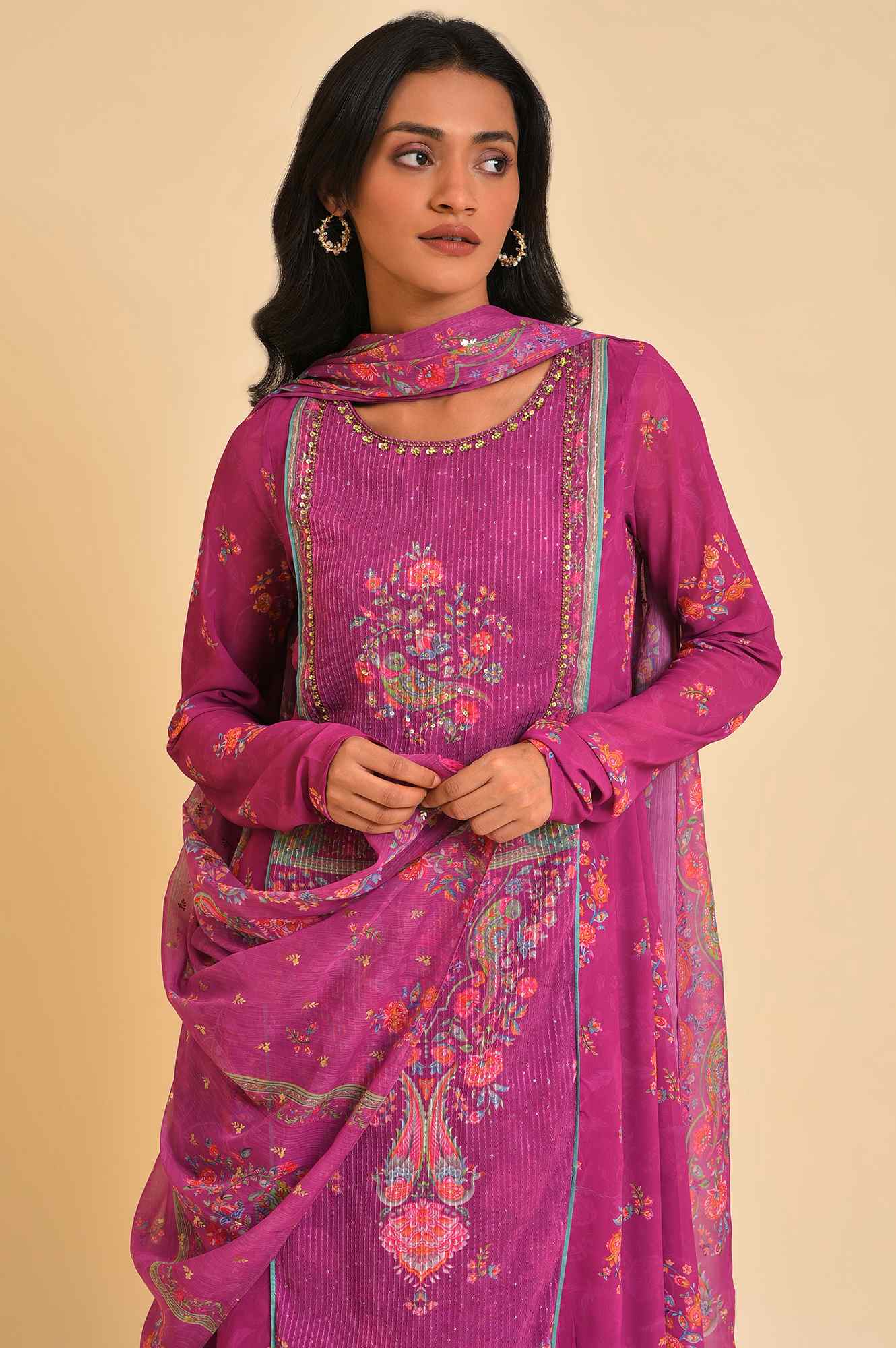 Dark Pink Sequined Anarkali kurta, Tights &amp; Dupatta Set