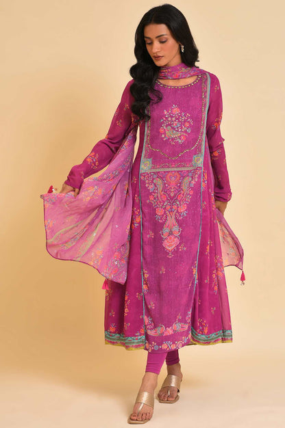 Dark Pink Sequined Anarkali kurta, Tights &amp; Dupatta Set