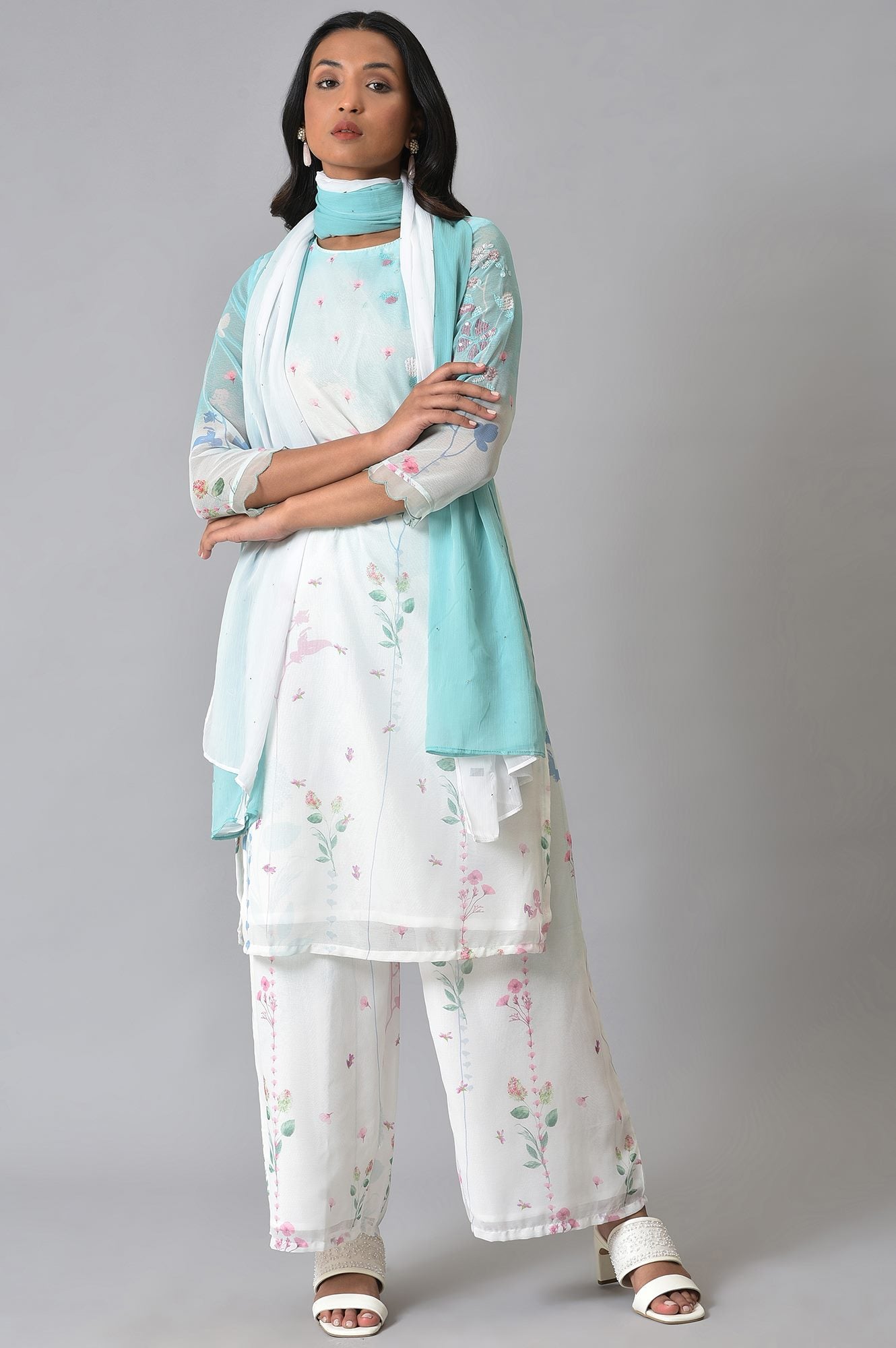 Ecru &amp; Blue Floral Georgette kurta With Parallel Pants And Dupatta