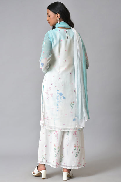 Ecru &amp; Blue Floral Georgette kurta With Parallel Pants And Dupatta