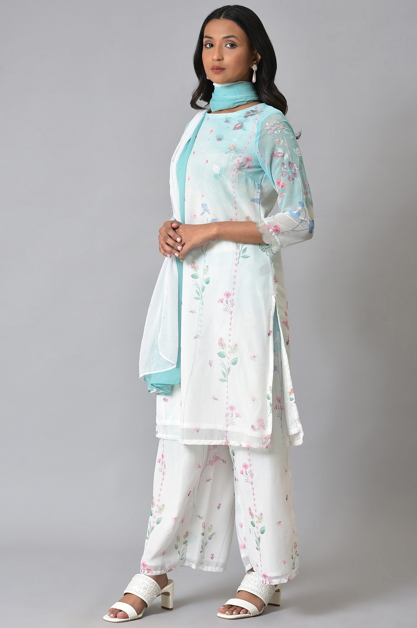 Ecru &amp; Blue Floral Georgette kurta With Parallel Pants And Dupatta