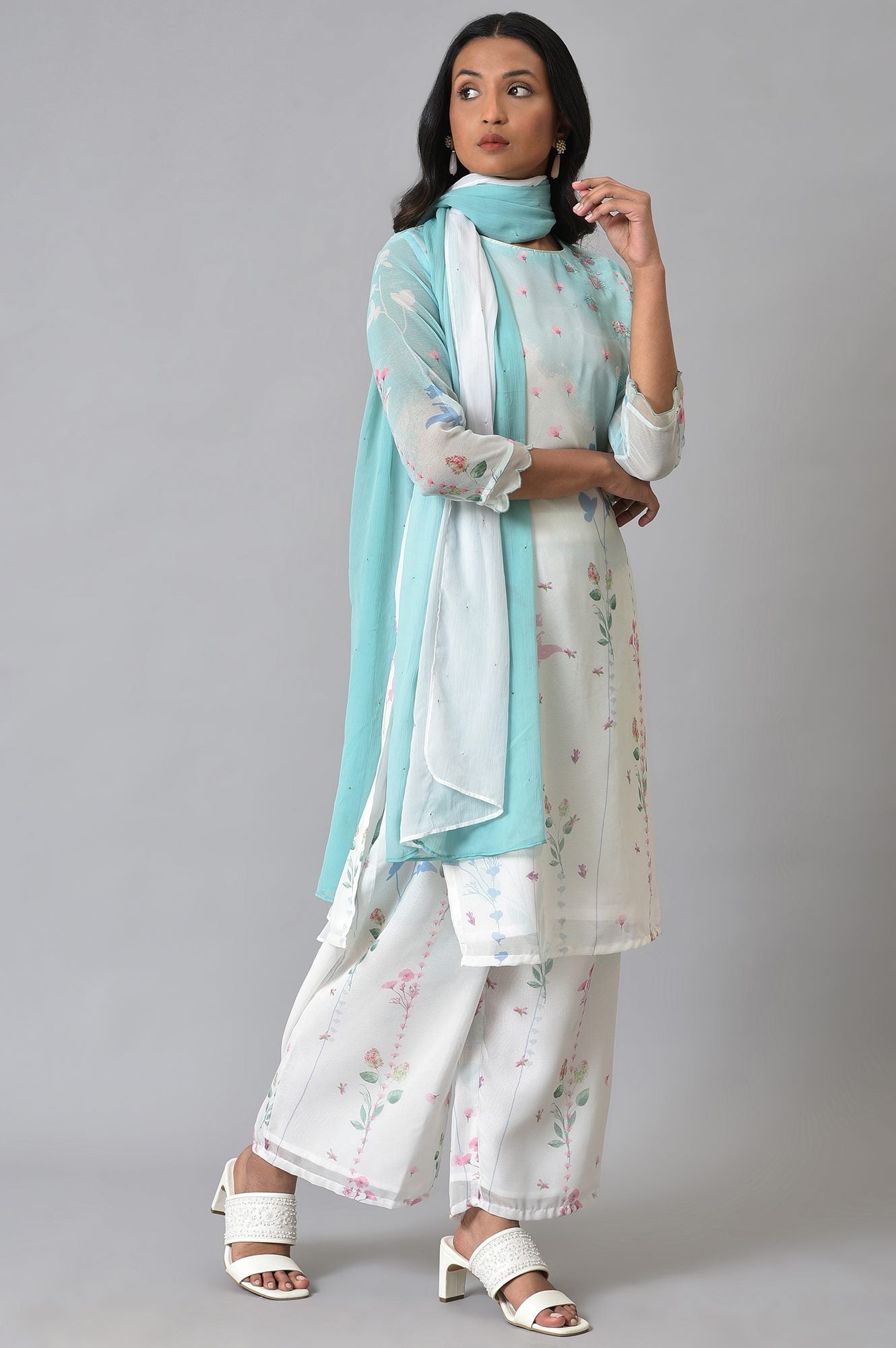 Ecru &amp; Blue Floral Georgette kurta With Parallel Pants And Dupatta