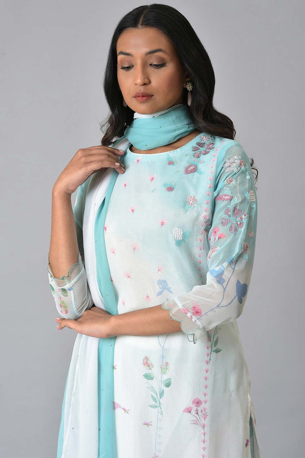 Ecru & Blue Floral Georgette kurta With Parallel Pants And Dupatta