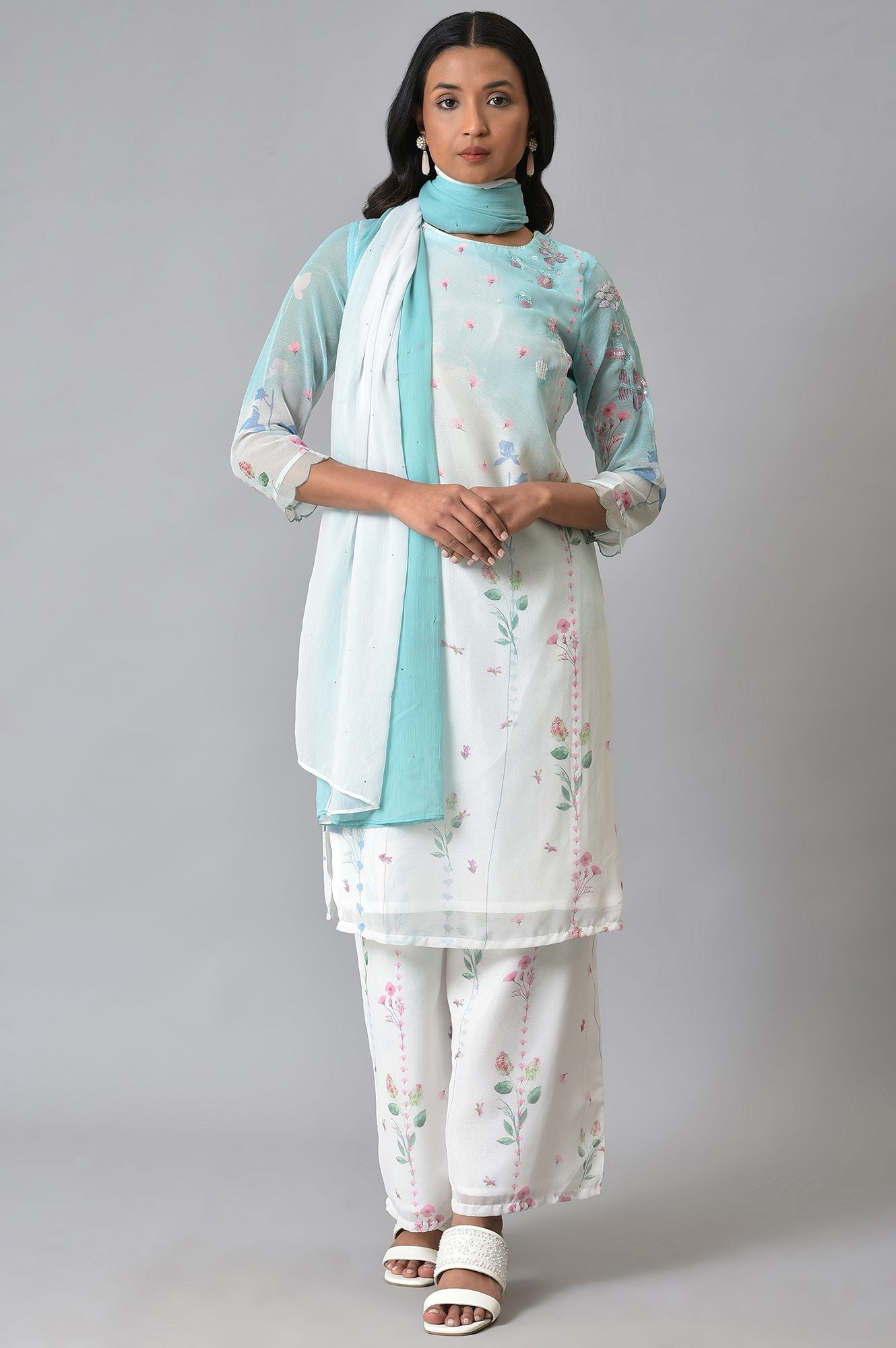 Ecru &amp; Blue Floral Georgette kurta With Parallel Pants And Dupatta