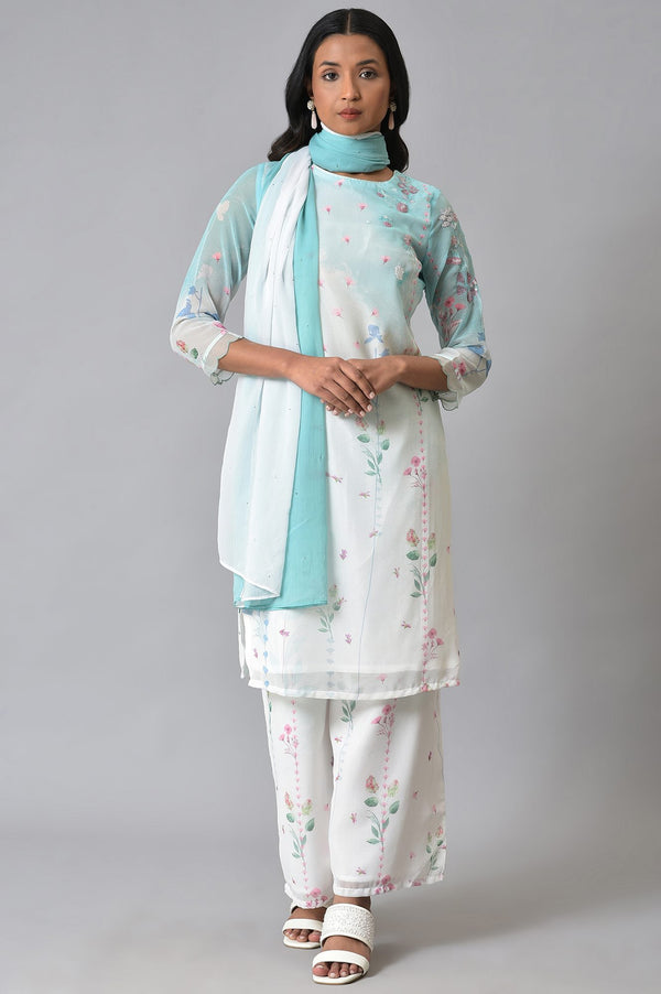 Ecru & Blue Floral Georgette kurta With Parallel Pants And Dupatta