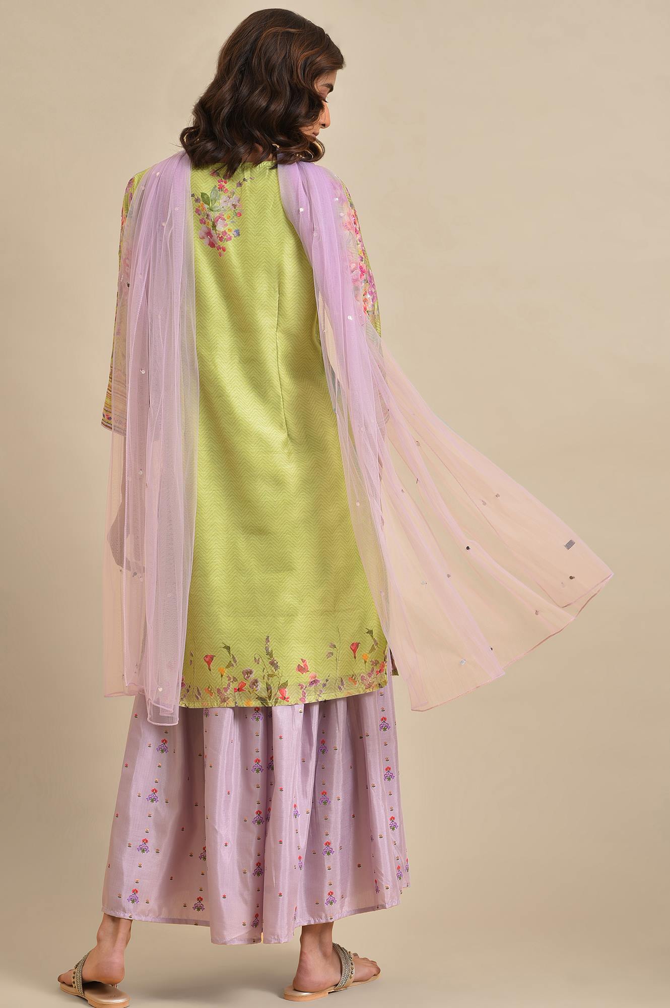 Green Chanderi Floral Printed kurta, Sharara &amp; Dupatta Set