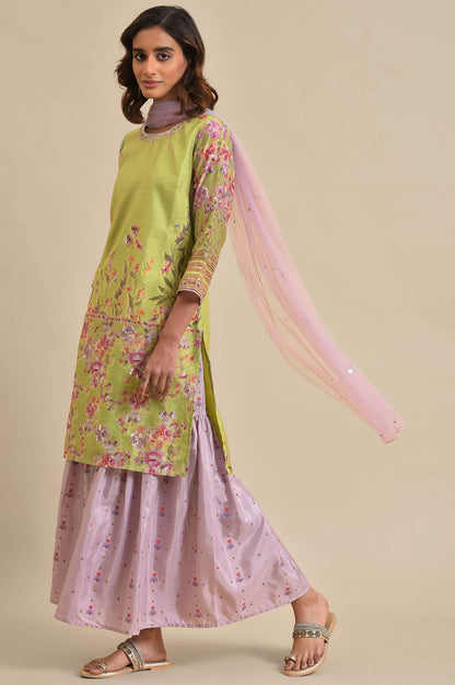 Green Chanderi Floral Printed kurta, Sharara &amp; Dupatta Set