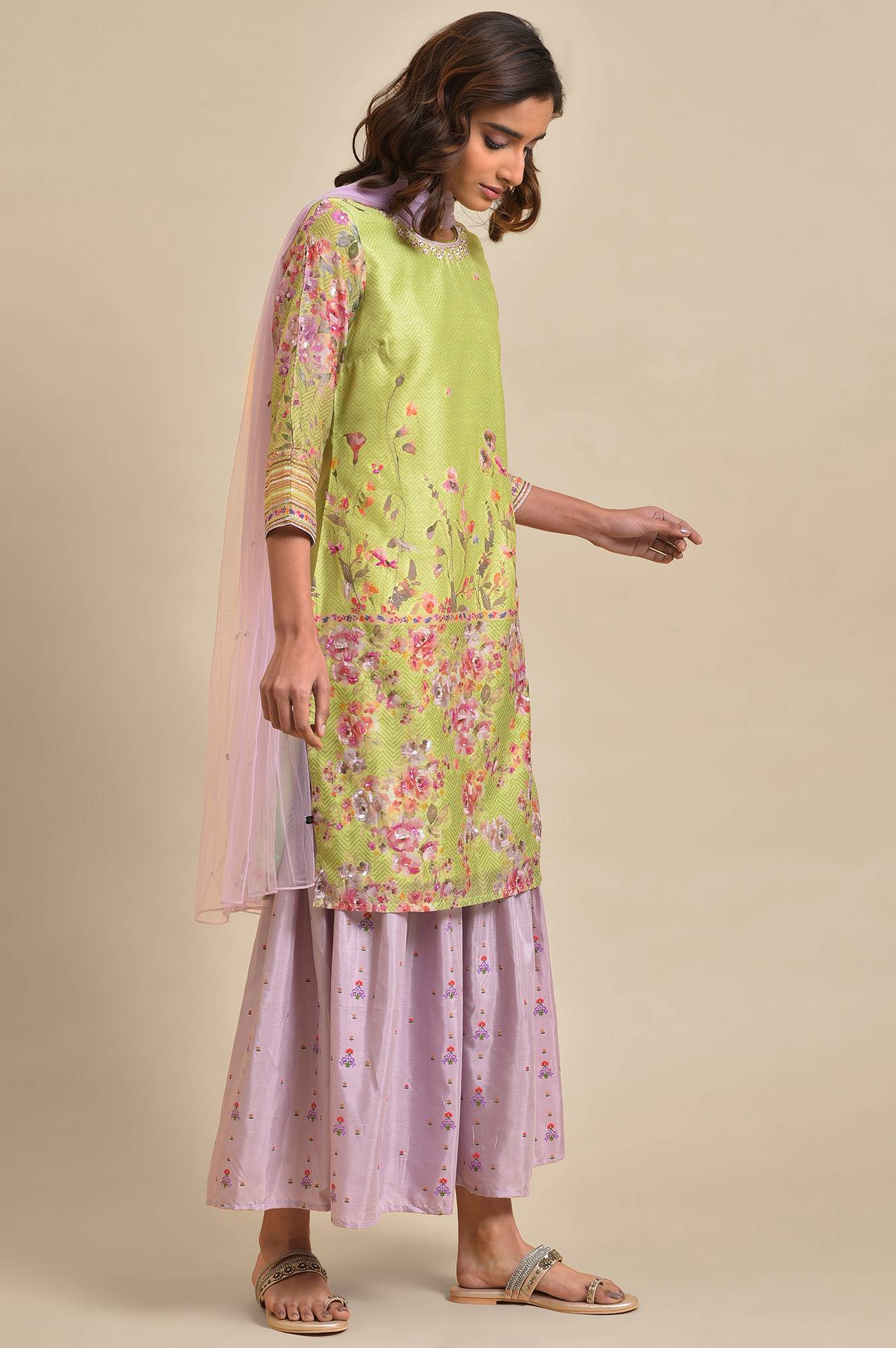 Green Chanderi Floral Printed kurta, Sharara &amp; Dupatta Set