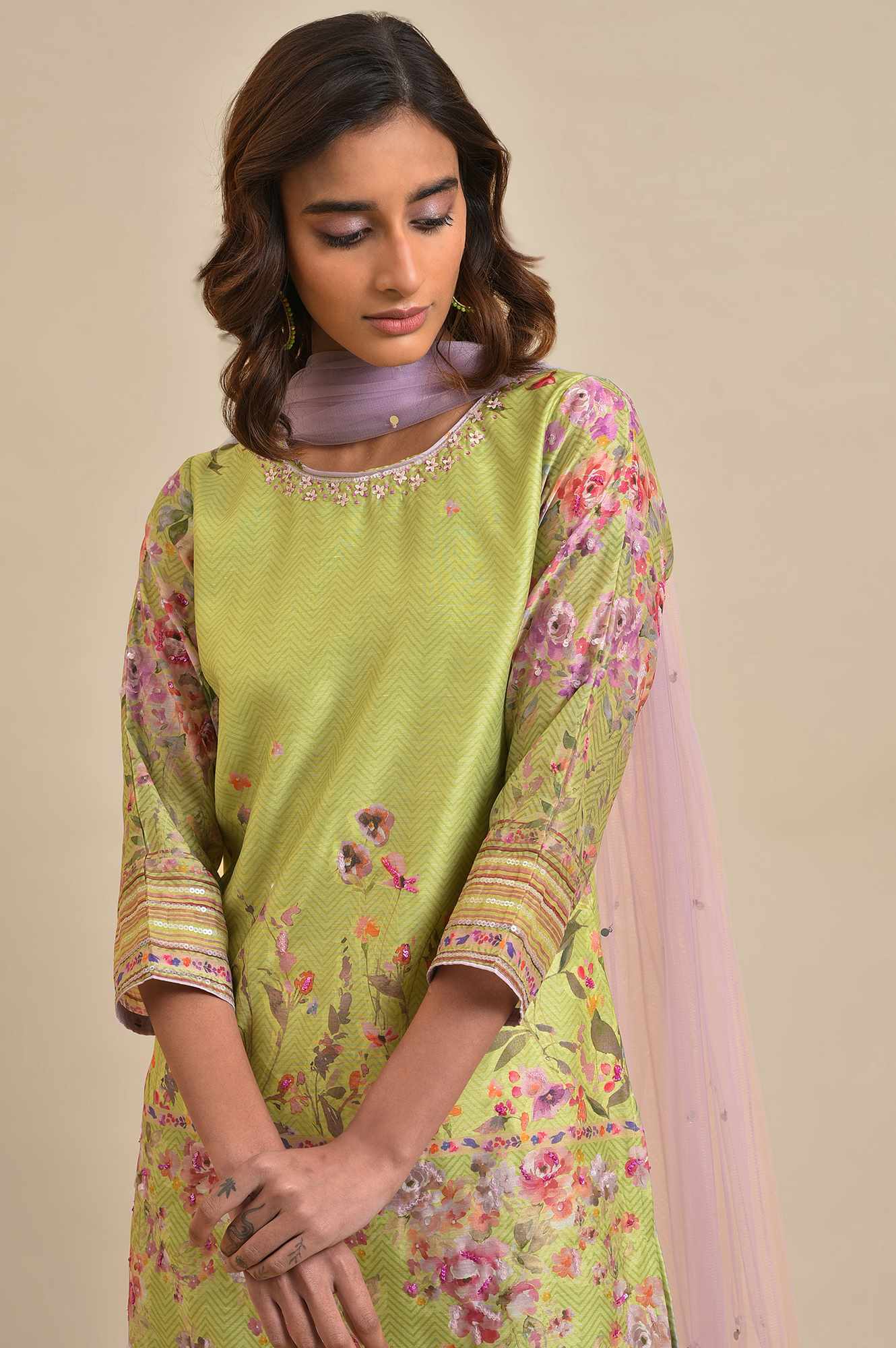 Green Chanderi Floral Printed kurta, Sharara &amp; Dupatta Set