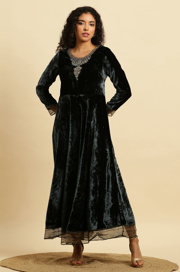 Green Velvet Embroidered Festive Dress