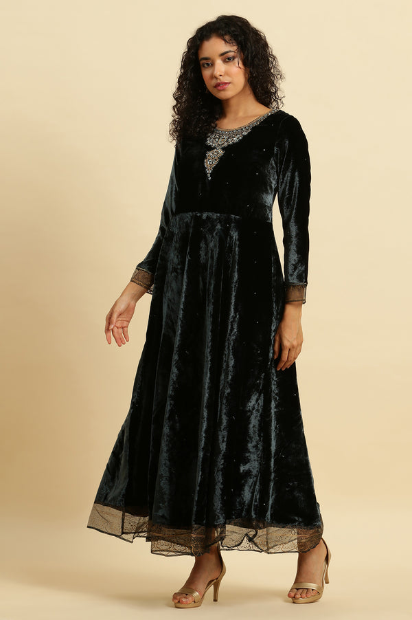 Green Velvet Embroidered Festive Dress