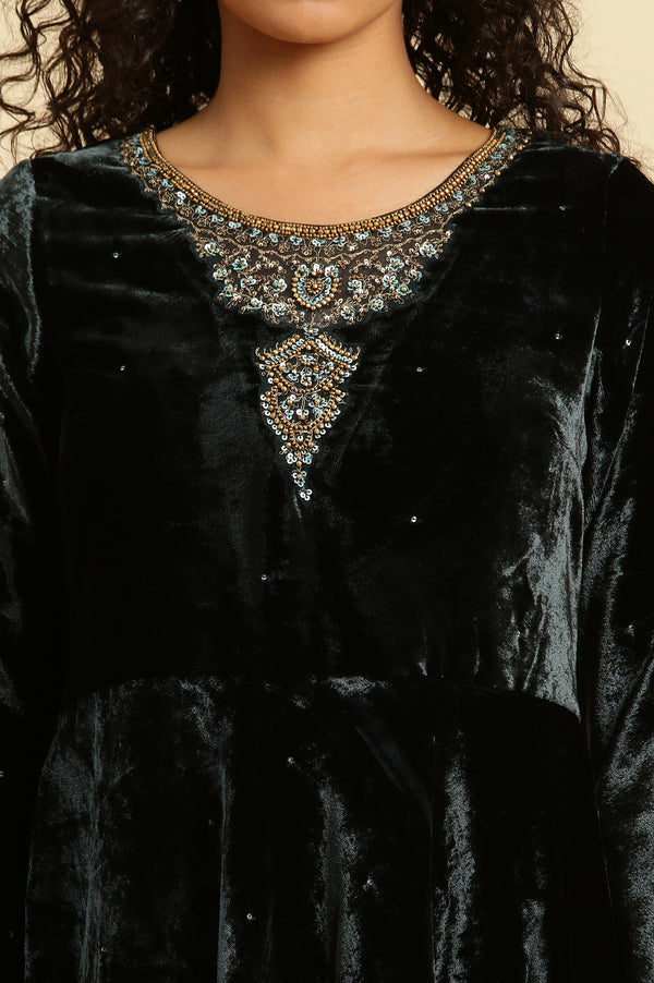 Green Velvet Embroidered Festive Dress